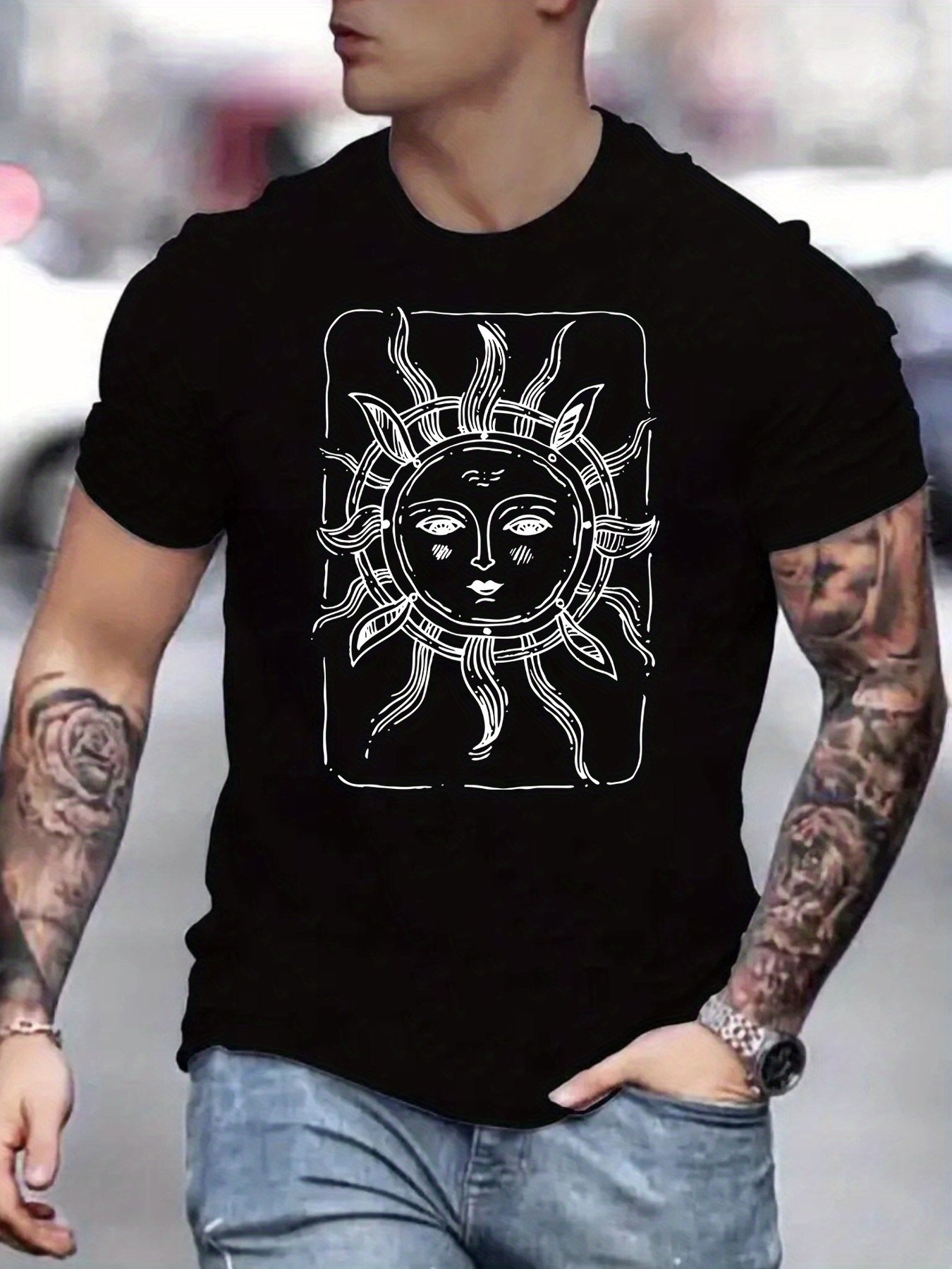 Vintage Fashion Illustrations - Vintage Men's Black Graphic T-Shirt Sun