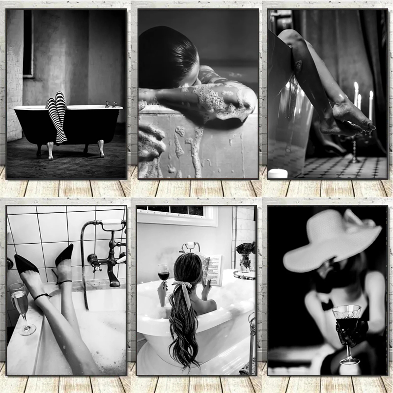 Vintage Fashion Sketches - Black and White Woman Bathroom Canvas