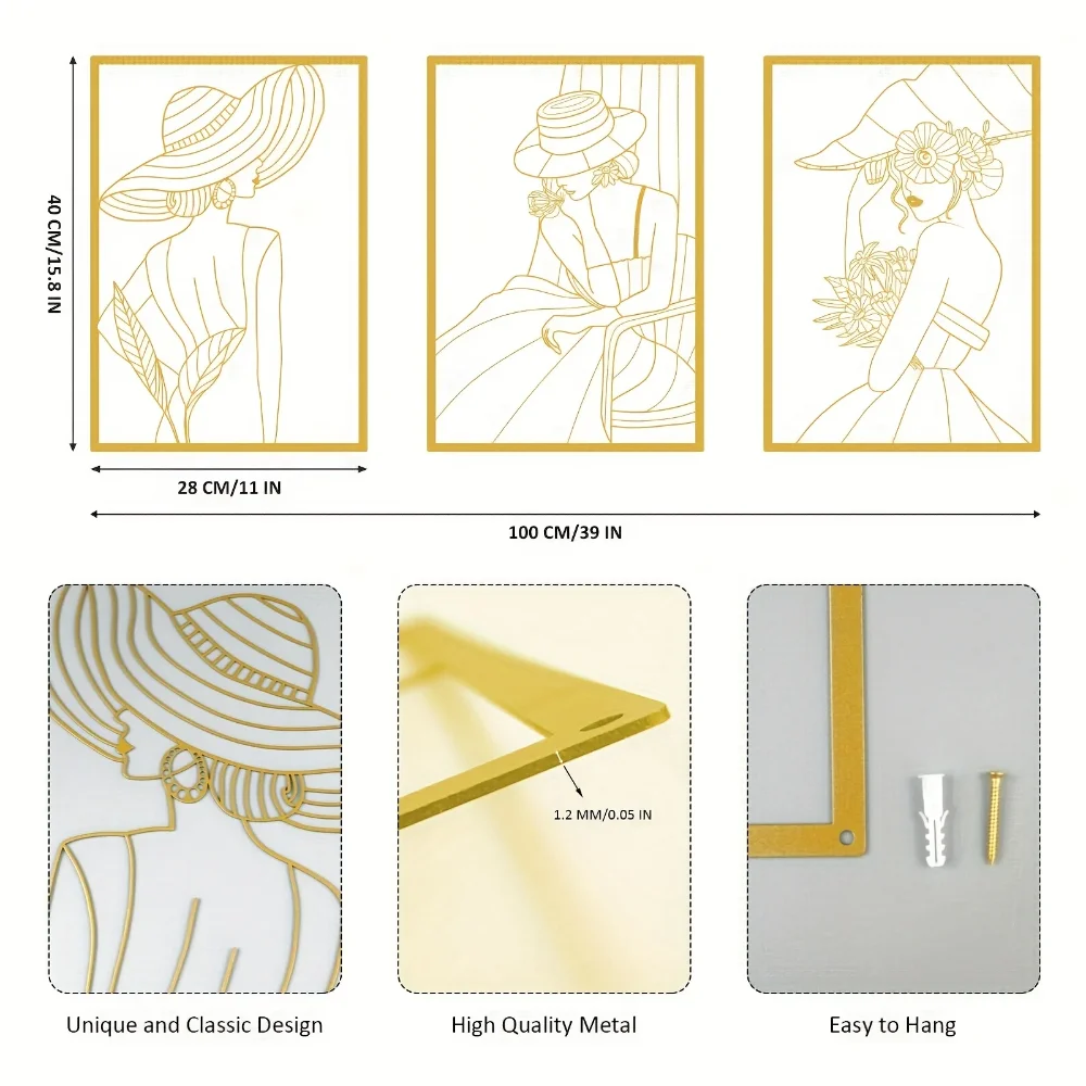 3 Pcs Fashion Lady Metal Wall  - Vintage Fashion Art のレビューと価格